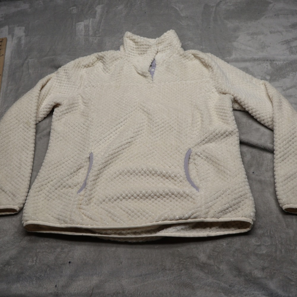 Eddie Bauer Sweatshirt Womens Medium White Fuzzy Waffle Fleece Pullover Outdoor